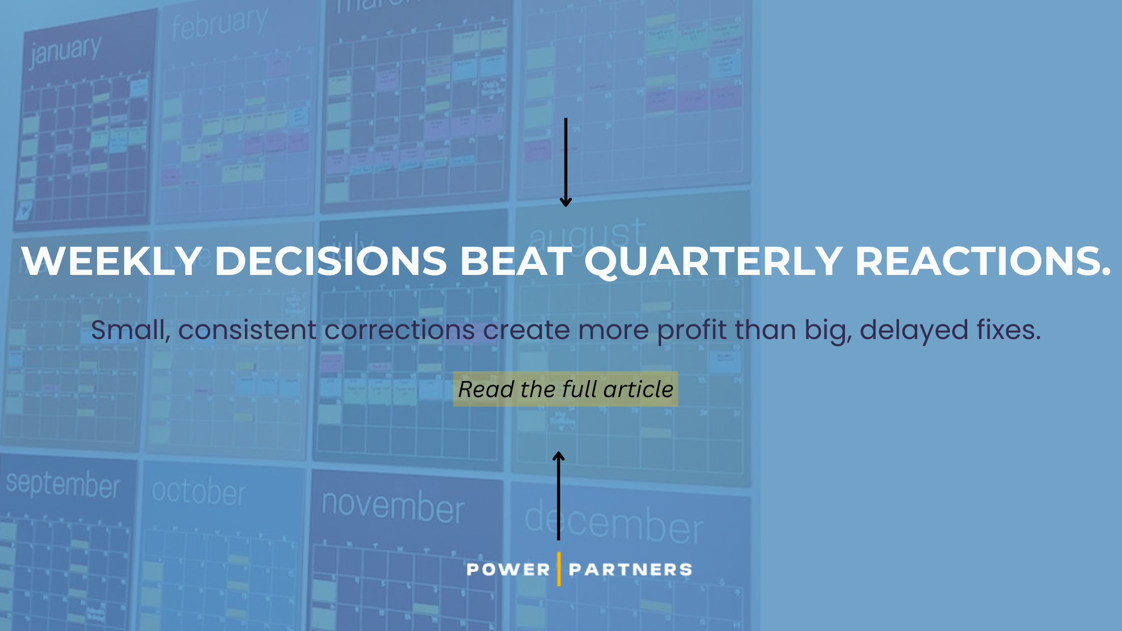 Calendar graphic with the text ‘Weekly decisions beat quarterly reactions’ emphasizing consistent decision-making for profitability.