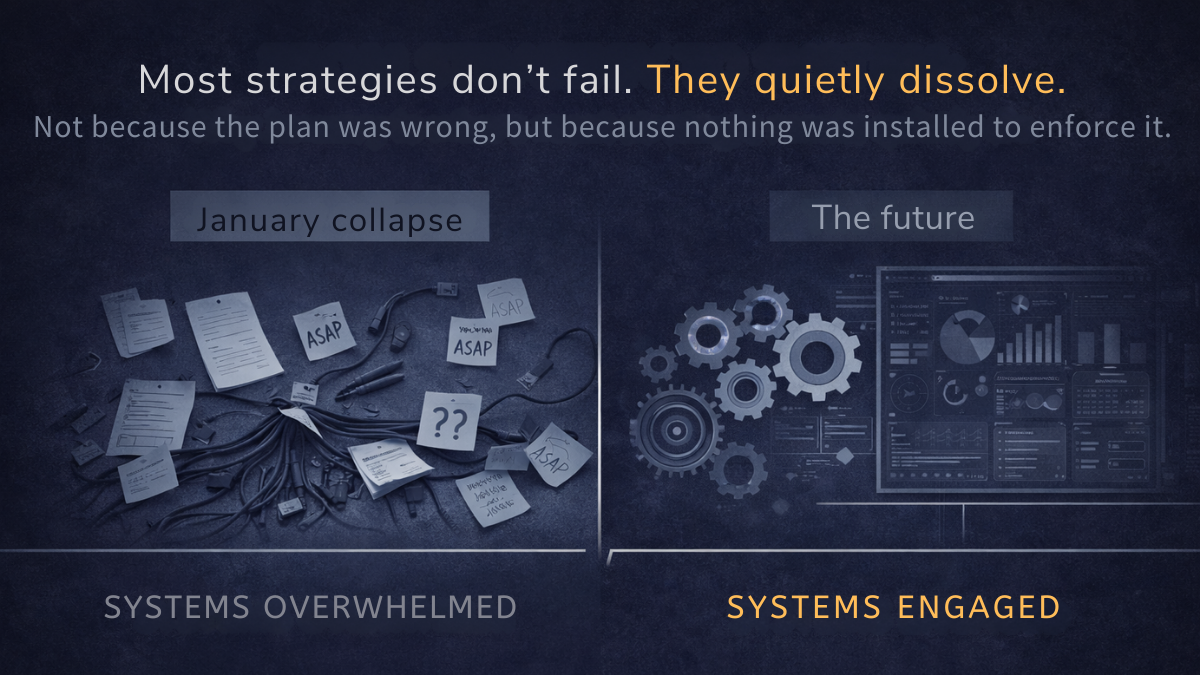 Split visual comparing ‘January collapse’ with overwhelmed systems versus a structured future with engaged systems, illustrating how strategy fails without installed execution.