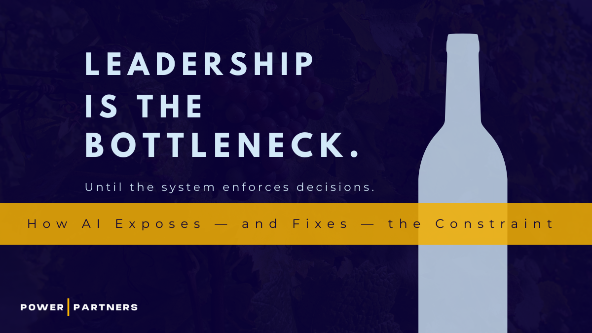 Leadership Is the Constraint graphic with dark navy background and headline about AI fixing the real bottleneck in business decision making
